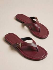 HighSole Ladies Buckle Holiday Style Summer Burgundy PU Surface Flat Bottom Slippers - Burgundy - View 8