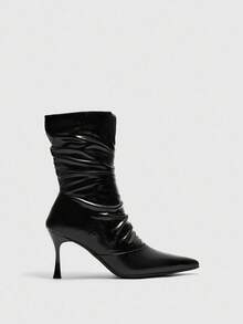 CUCCOO BIZCHIC Women's Black Pointed Toe New High Heel Wrinkled Leather Side Zipper Slim Leg Ankle Boots And Ankle Boots - Black - View 2