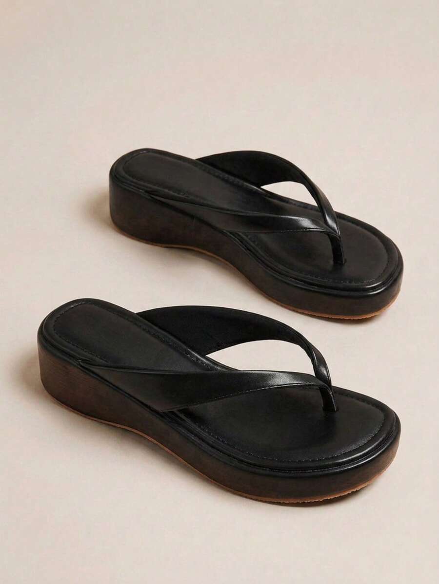 HighSole 春夏新款白色厚底坡跟夾腳拖鞋女鞋,女款防滑增高休閒舒適涼鞋,百搭涼鞋 - 黑色 - 查看 1