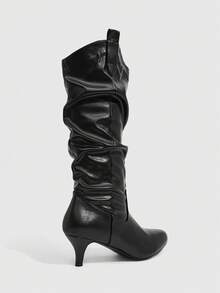 CUCCOO SZL Retro Gentle Style Women Autumn And Winter Commute Dating Solid Color Round Toe High Tube Fine Heel Natural Pile Pleated Tube Elegant Long Tube Fa - Black - View 3