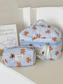 Found Favorite 1Pc/Set Cute Bear Pattern Large Capacity Multifunctional Cosmetie Bag ,Travel Makeup Bag ,Girls Make Up Bag ,Back To School Wallet Pouch Portable - Blue - View 9
