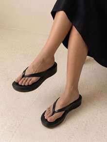 HighSole 春夏新款白色厚底坡跟夾腳拖鞋女鞋，女款防滑增高休閒舒適涼鞋，百搭涼鞋 - 黑色 - 查看 4
