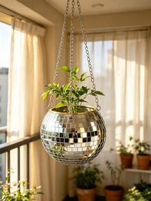 Disco Ball Silver Flower Pot With Chain Glass Mirror Hand-Made Handicrafts Suitable For Outdoor Gardens, Offices, Homes, Decorative Crafts - Multicolor - View 2