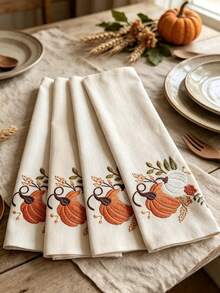 Cirelle 1/2/4 Pcs Embroidered Pumpkin Cloth Napkins, Fall Harvest Polyester Dinner Napkins Set, Washable Reusable Table Napkins For Thanksgiving, Autumn Holiday & Dining Table Decor - Multicolor - View 15