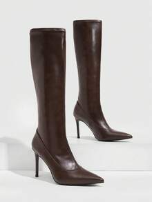 Daringsoles Coffee Brown Pointed Toe Stiletto High Tube Boots, Elastic Suede Straight Leg Slimming Below-Knee Fashion Boots, Autumn/Winter New Commuter Style Fall Shoes - Coffee - View 2