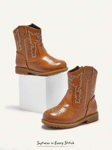 Cozy Pixies Autumn/Winter Fashion Versatile Fun Cute Comfortable Wear-Resistant Brown Embroidery Fun Pastoral Retro Baby Ankle Boots Western Cowboy Boots - Brown - View 2