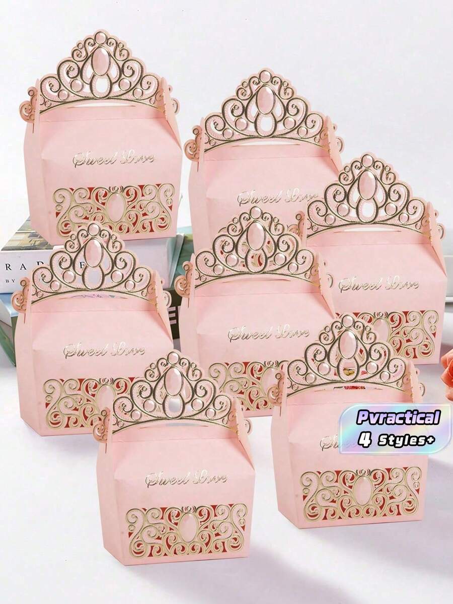 10 صناديق هدايا بتصميم تاج جميل لحفلات أعياد الميلاد والعطلات والزفاف والعودة إلى المدرسة وعيد الحب - وردي - مشاهدة 1