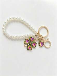 Rhinestone Lucky Clover Keychain, Faux Pearl Crystal Heart Clover Bag Charm Pendant, Fashion Handbag Accessory, Birthday Party Holiday Gift - Multicolor - View 12