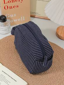 Found Favorite Classic Striped Large Capacity Handheld Makeup Bag - Cotton And Hemp Fabric - Dark Color - Zipper - Skincare Travel Compact Storage Bag - Blue - View 5