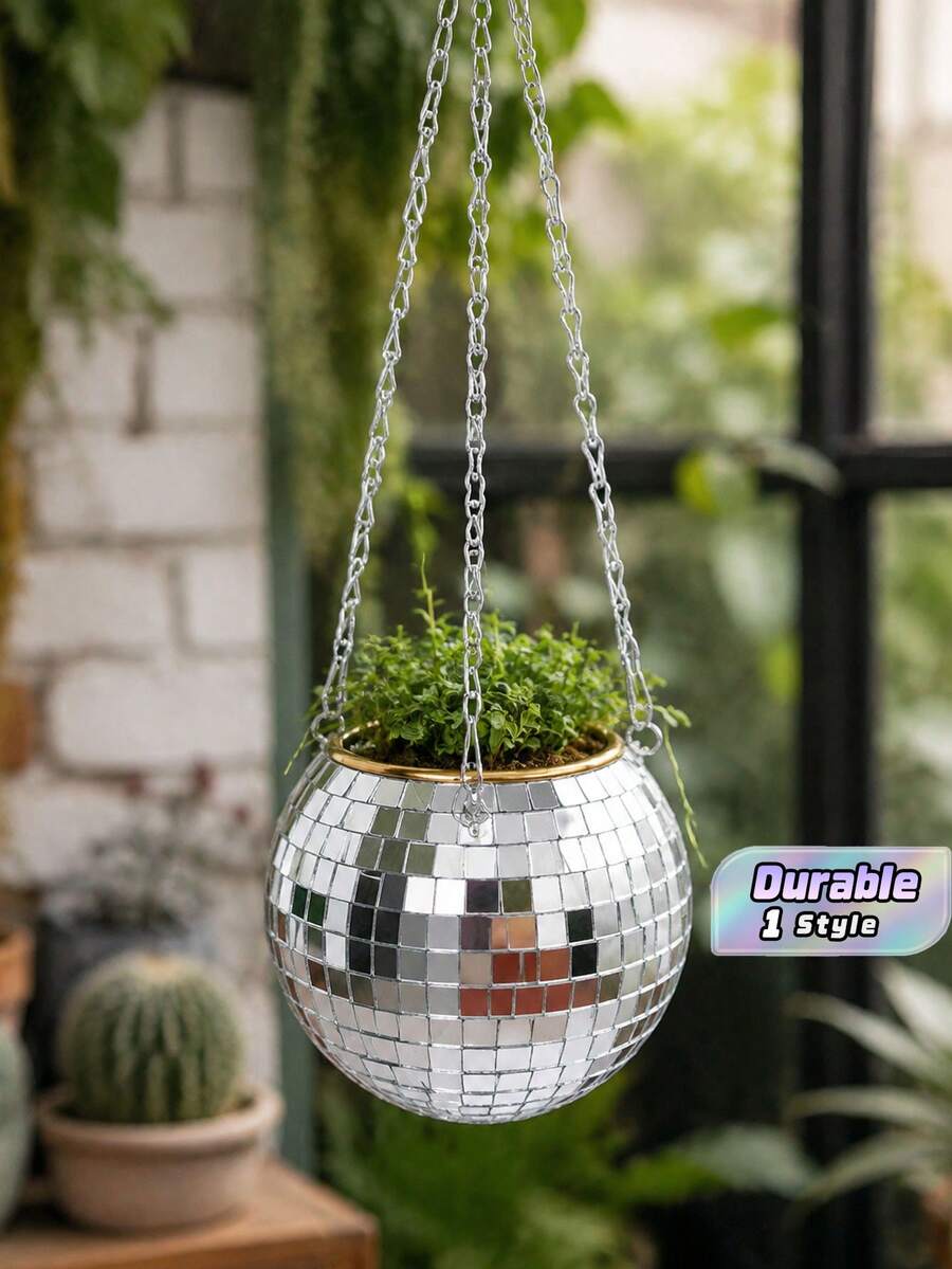 Disco Ball Silver Flower Pot With Chain Glass Mirror Hand-Made Handicrafts Suitable For Outdoor Gardens, Offices, Homes, Decorative Crafts - Multicolor - View 1