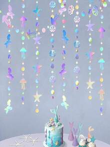 1/4Pcs Rainbow‑Themed Decorations For Birthday Parties, Bachelorette Parties And Ocean‑Themed Parties, Shimmering Mermaid Garlands And Holographic Paper Streamers With Jellyfish, Shell, Starfish And Pearl Elements - multicolor - View 3