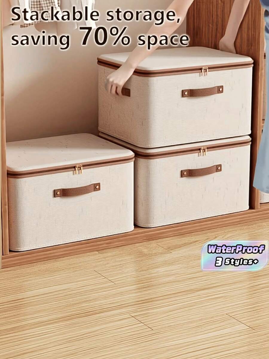 Foldable Linen Storage Box With Double Zippers & Faux‑Leather Handles, Large‑Capacity Lidded Under‑Bed Storage Basket For Clothes, Bed Sheets, Moving, Ideal For Bedroom, Dorm, Study, Wardrobe, Laundry & Under‑Bed Organization - View 1