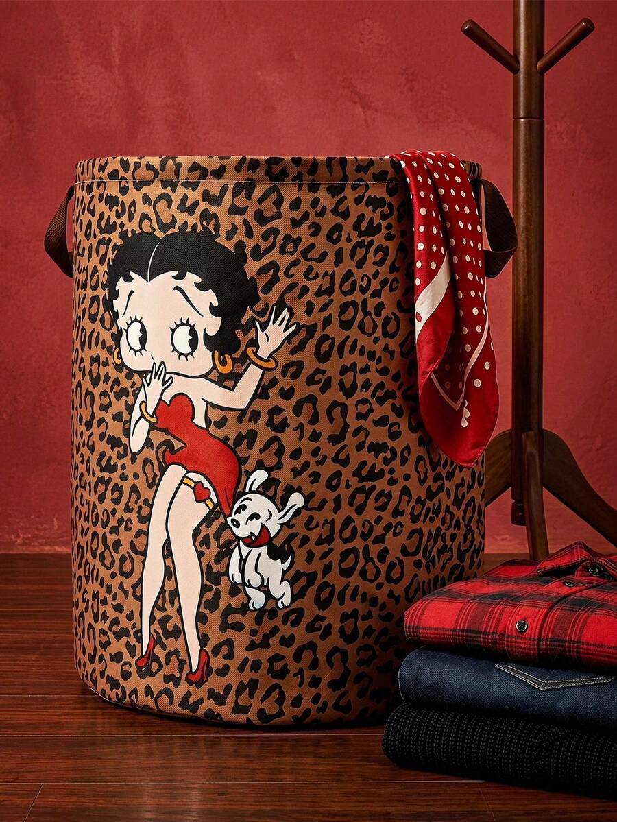 Betty Boop X POKOJA LAND 1 Piece – Cute Animal-Print, Large-Capacity, Foldable Round Storage Basket With Handles; Multi-Purpose Storage Basket For The Nursery. - leopard print - View 1