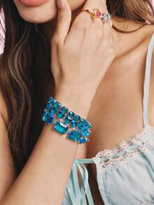 Popjeli Women's Turquoise Tennis Chain Bracelet Heart Cut Full  Crystal Stone SSparkling Adjustable Bracelet For Daily Party Jewelry - Blue Love Tennis Chain Bracelet - View 4