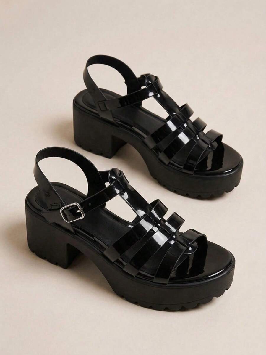 HighSole 女款時尚高跟綁帶涼鞋,簡約休閒日常穿搭 - 黑色鏡面 - 查看 1