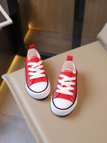 SHEIN Spring And Autumn Solid Color Children's Canvas Shoes Flat Bottom Non-Slip Breathable Lace-Up Girl Casual Shoes - Red - View 3