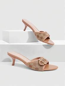 CUCCOO SZL 5.5CM 小貓與方扣女款高跟涼鞋 玫瑰布棕色 高跟涼鞋 通勤 派對 約會 外出 時尚女款高跟鞋 - 棕色花布 - 查看 1