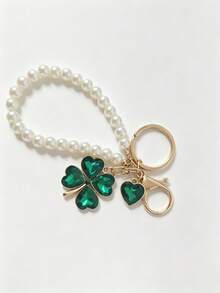 Rhinestone Lucky Clover Keychain, Faux Pearl Crystal Heart Clover Bag Charm Pendant, Fashion Handbag Accessory, Birthday Party Holiday Gift - Multicolor - View 9