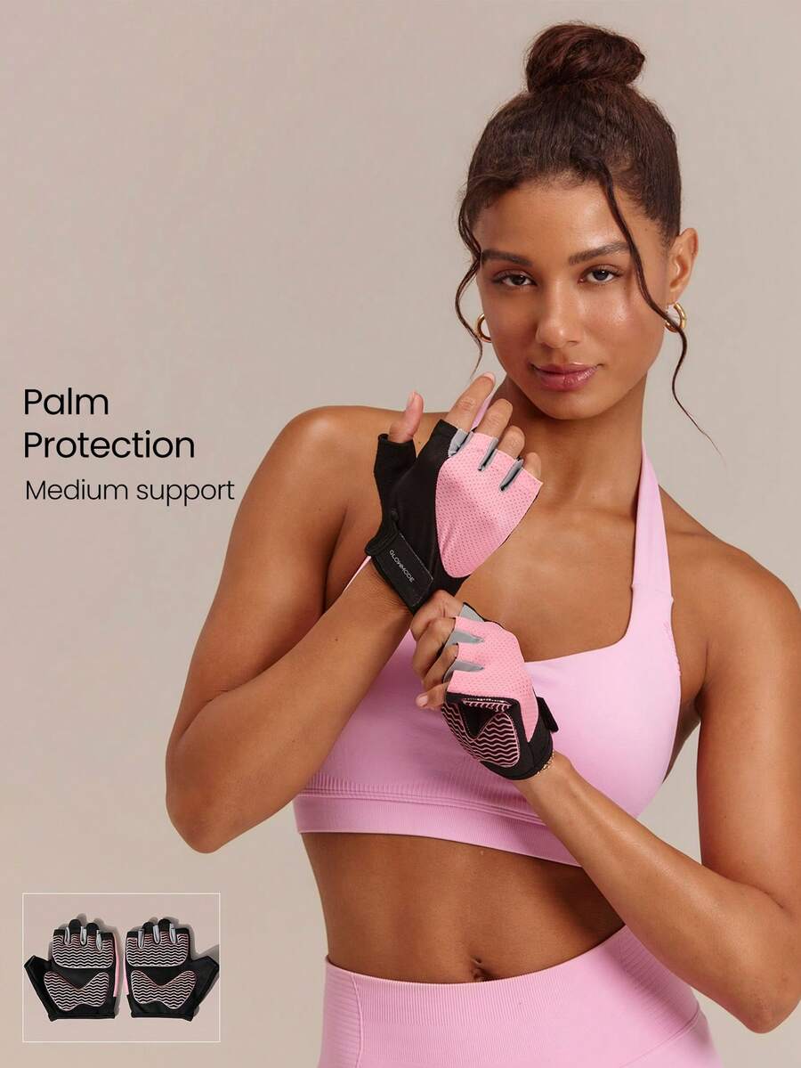 GLOWMODE Train Strong Anti-Slip Fitness Gloves With Padded Protection, Silicone Grip Palm, Breathable Mesh & Reflective Logo Gym Workout Training Gear - Pink - View 1