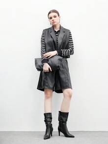 CUCCOO BIZCHIC 女士尖头细高跟鞋黑色时尚一脚蹬侧拉链 PU 皮革日常通勤百搭褶皱中筒靴 - 黑色 - 查看 11