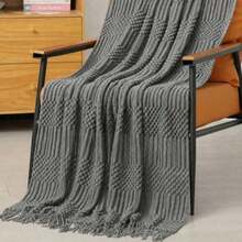 Cirelle Dark Grey Knit Throw Blanket With Tassels For Couch Sofa Bed - Soft Cozy Textured Cable Knitted Decorative Throw Blankets - Grey - View 3