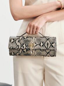 SHECARRY Women's Fashionable Simple Versatile Classic Snake Pattern Faux Leather Gold Buckle Handbag, For Dating, Daily Life, Afternoon Tea, Party, Banquet - Khaki snake pattern - View 7