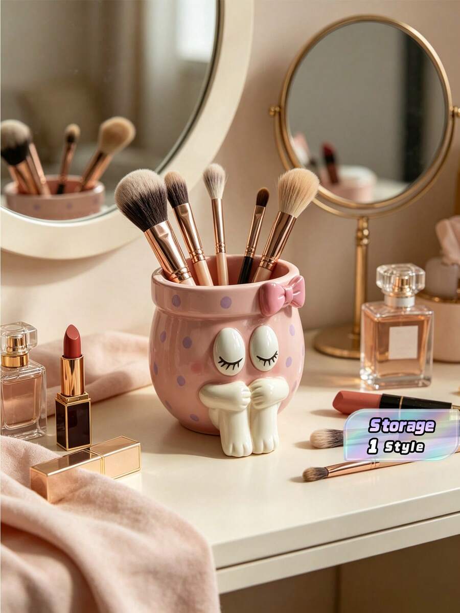 Cute Cartoon Shy Girl Hugging Legs Pen Holder, Large Capacity Makeup Brush Organizer, Entryway Storage Decorative Ornament - Girl pen holder - View 1