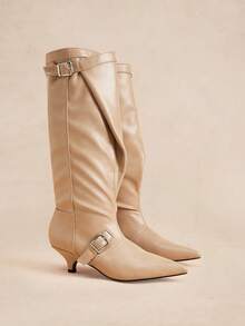 Rosivie Versatile Skinny Retro Double Buckle Apricot Pointed Kitten Heel Pleated Knee-High Boots - Apricot - View 3
