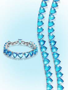 Popjeli Women's Turquoise Tennis Chain Bracelet Heart Cut Full  Crystal Stone SSparkling Adjustable Bracelet For Daily Party Jewelry - Blue Love Tennis Chain Bracelet - View 1
