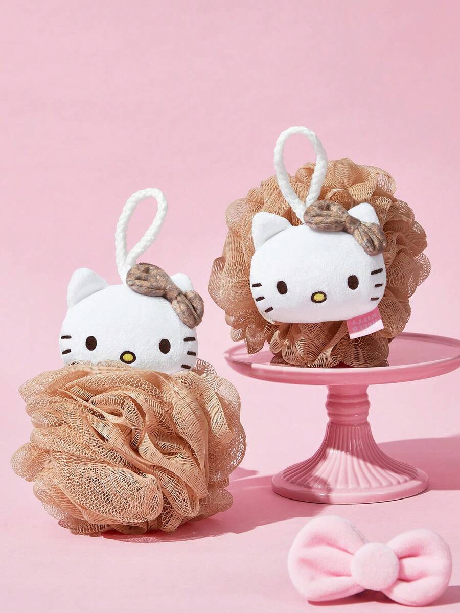 HELLO KITTY AND FRIENDS | SHEIN Cute Bath Brushes, Bath Sponges, And Ultra-Soft Foaming Nets With Fun, Oversized Designs For Bathing, Complete With A Hanging Rope. - coffee color - View 1