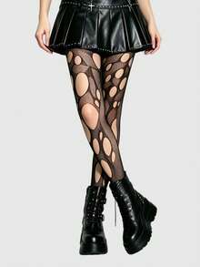 ROMWE Goth 高彈性黑色性感女款破洞連身褲 網襪褲襪緊身褲 - 洞洞黑色 - 查看 3
