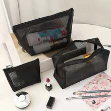 Found Favorite 1pc/2pcs/3pcs Mesh Breathable Cosmetic Bag Organizer Set, Multi-Functional Travel Toiletry Bag, Foldable And Professional Makeup Organizer Set, Small - Black - View 6