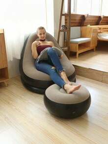 1pc Inflatable Sofa With Footrest, Flocked Surface Air Couch For Adults, Portable Waterproof Camping Lounge Chair With Footstool, Home & Outdoor Use - Chair - View 6