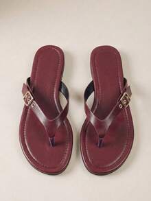 HighSole Ladies Buckle Holiday Style Summer Burgundy PU Surface Flat Bottom Slippers - Burgundy - View 1