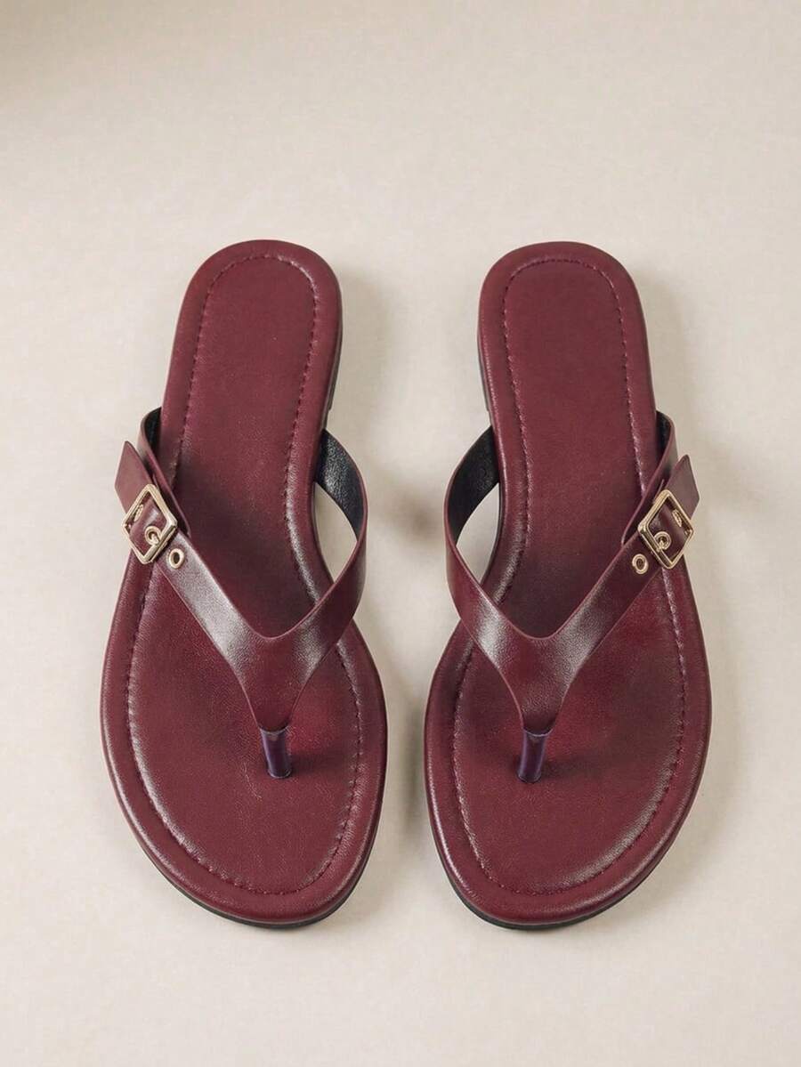 HighSole Ladies Buckle Holiday Style Summer Burgundy PU Surface Flat Bottom Slippers - Burgundy - View 1