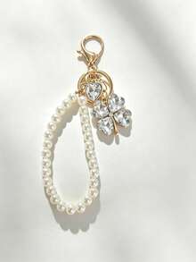 Rhinestone Lucky Clover Keychain, Faux Pearl Crystal Heart Clover Bag Charm Pendant, Fashion Handbag Accessory, Birthday Party Holiday Gift - Multicolor - View 2
