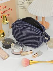 Found Favorite Classic Striped Large Capacity Handheld Makeup Bag - Cotton And Hemp Fabric - Dark Color - Zipper - Skincare Travel Compact Storage Bag - Blue - View 7