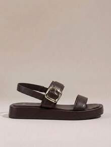HighSole 雙條帶露趾方頭厚底平底休閒女款涼鞋，適合通勤、購物、度假穿著 - 咖啡棕 - 查看 2