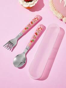 Strawberry Shortcake X SHEIN Strawberry Doll, Tableware Set 2-Piece Stainless Steel Fork And Spoon - Pink - View 2