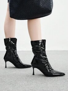 CUCCOO BIZCHIC Women's Black Pointed Toe New High Heel Wrinkled Leather Side Zipper Slim Leg Ankle Boots And Ankle Boots - Black - View 5