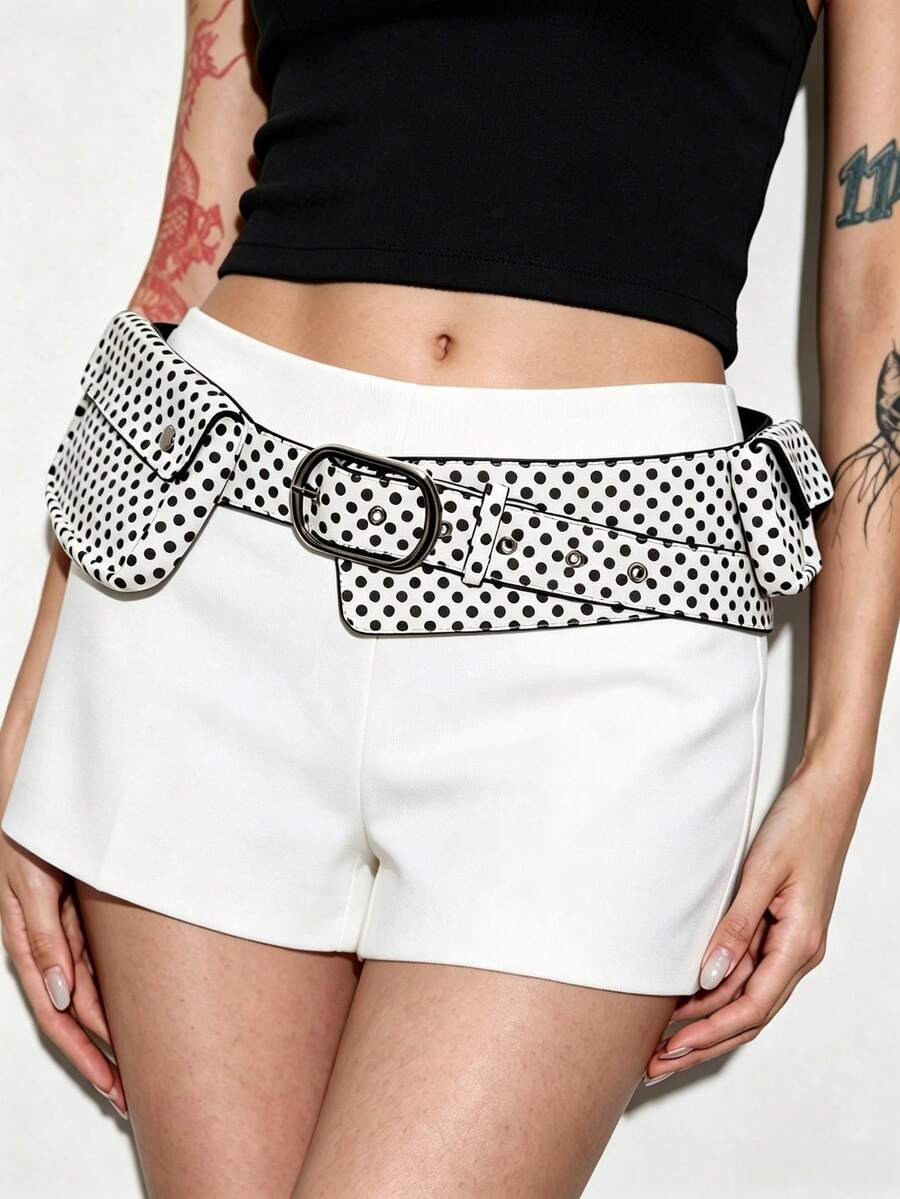 ROMWE Grunge Punk Y2K Punk Style Black Metal Rivet Grommet Multi-Pocket Adjustable Metal Buckle Women Waist Bag - White polka dot - View 1