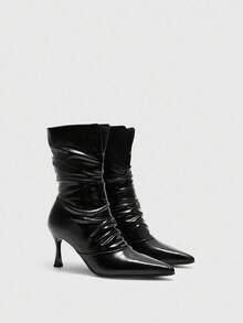 CUCCOO BIZCHIC Women's Black Pointed Toe New High Heel Wrinkled Leather Side Zipper Slim Leg Ankle Boots And Ankle Boots - Black - View 7