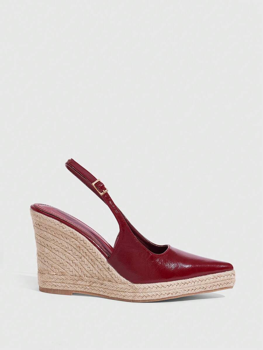 CUCCOO SZL Spring/Summer Buckle Design Pointed Toe Straw Woven Wedge Heel Retro Style Patent Leather Burgundy Backless High Heel Sandals For Vacation And Commute - Burgundy - View 1