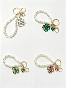 Rhinestone Lucky Clover Keychain, Faux Pearl Crystal Heart Clover Bag Charm Pendant, Fashion Handbag Accessory, Birthday Party Holiday Gift - Multicolor - View 7