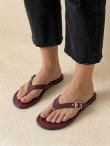 HighSole Ladies Buckle Holiday Style Summer Burgundy PU Surface Flat Bottom Slippers - Burgundy - View 6