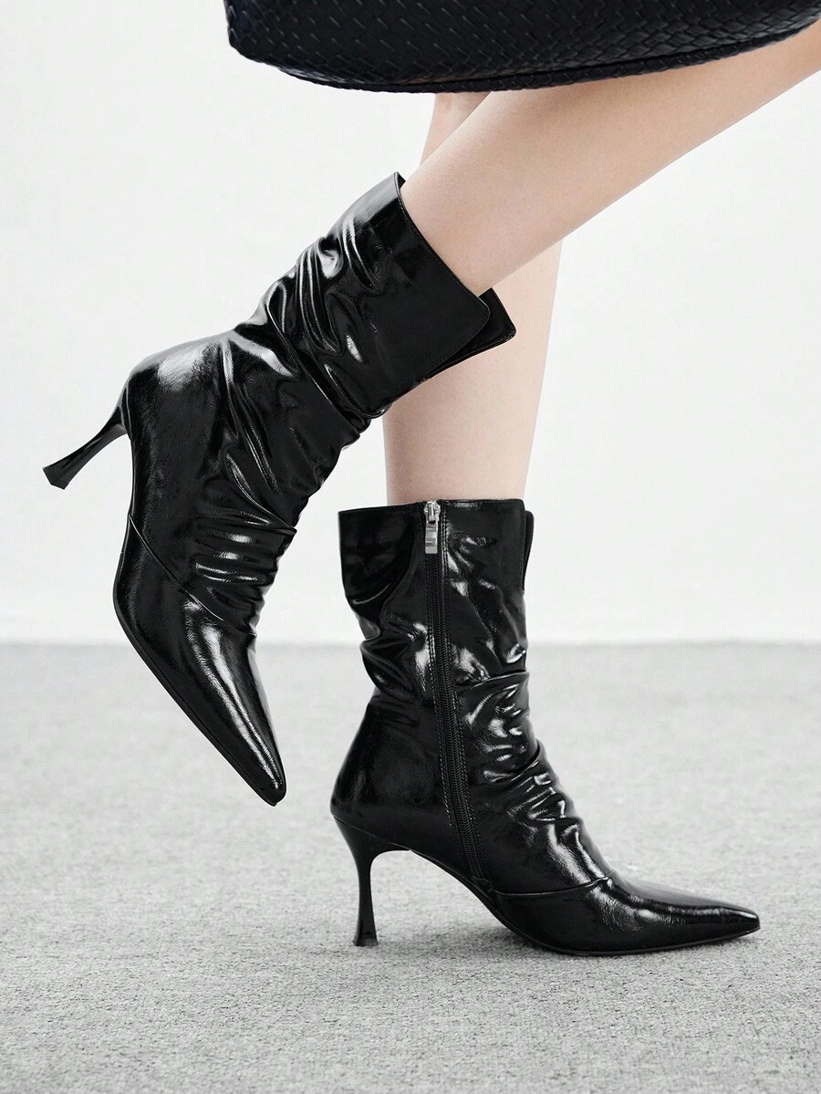 CUCCOO BIZCHIC Women's Black Pointed Toe New High Heel Wrinkled Leather Side Zipper Slim Leg Ankle Boots And Ankle Boots - Black - View 1