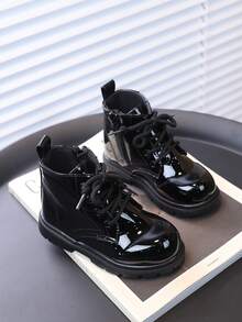 SHEIN Autumn And Winter Solid Color Children's Short Boots Bright Leather Comfortable Boys And Girls Classic Boots - Black - View 3