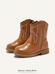Cozy Pixies Autumn/Winter Fashion Versatile Fun Cute Comfortable Wear-Resistant Brown Embroidery Fun Pastoral Retro Baby Ankle Boots Western Cowboy Boots - Brown - View 1