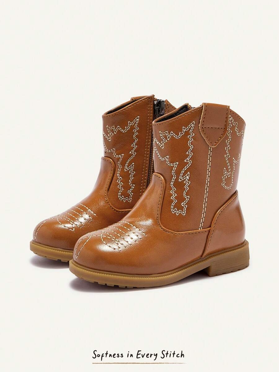 Cozy Pixies Autumn/Winter Fashion Versatile Fun Cute Comfortable Wear-Resistant Brown Embroidery Fun Pastoral Retro Baby Ankle Boots Western Cowboy Boots - Brown - View 1