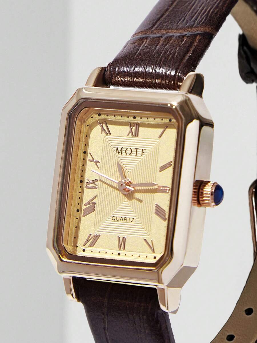 MOTF PREMIUM RELOJ DE MUJER DE CUADRADO DORADO ROSA CON NÚMEROS ROMANOS - Marrón - Ver 1